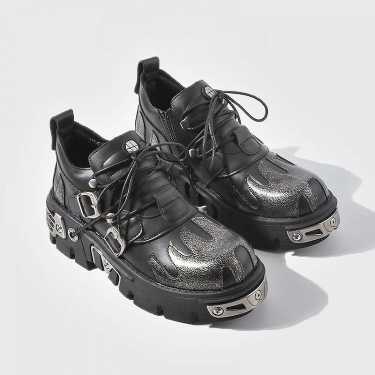 Sole Flame with Platform Triple Metal Plates Punk Closure - Detailing Shoes System Black