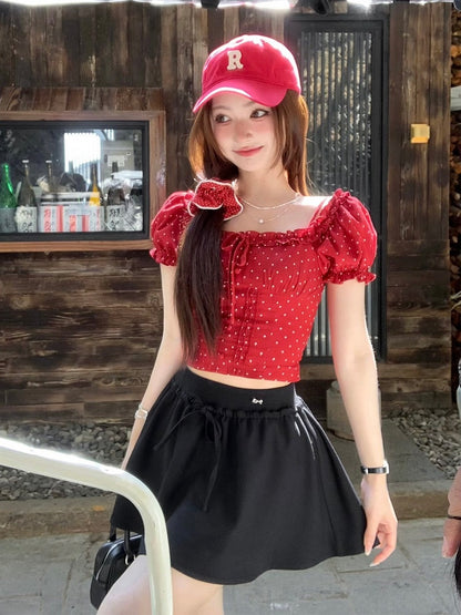 Red Square Neckline Short Sleeve Top with Polka Dot Pattern - Qchiwawameme