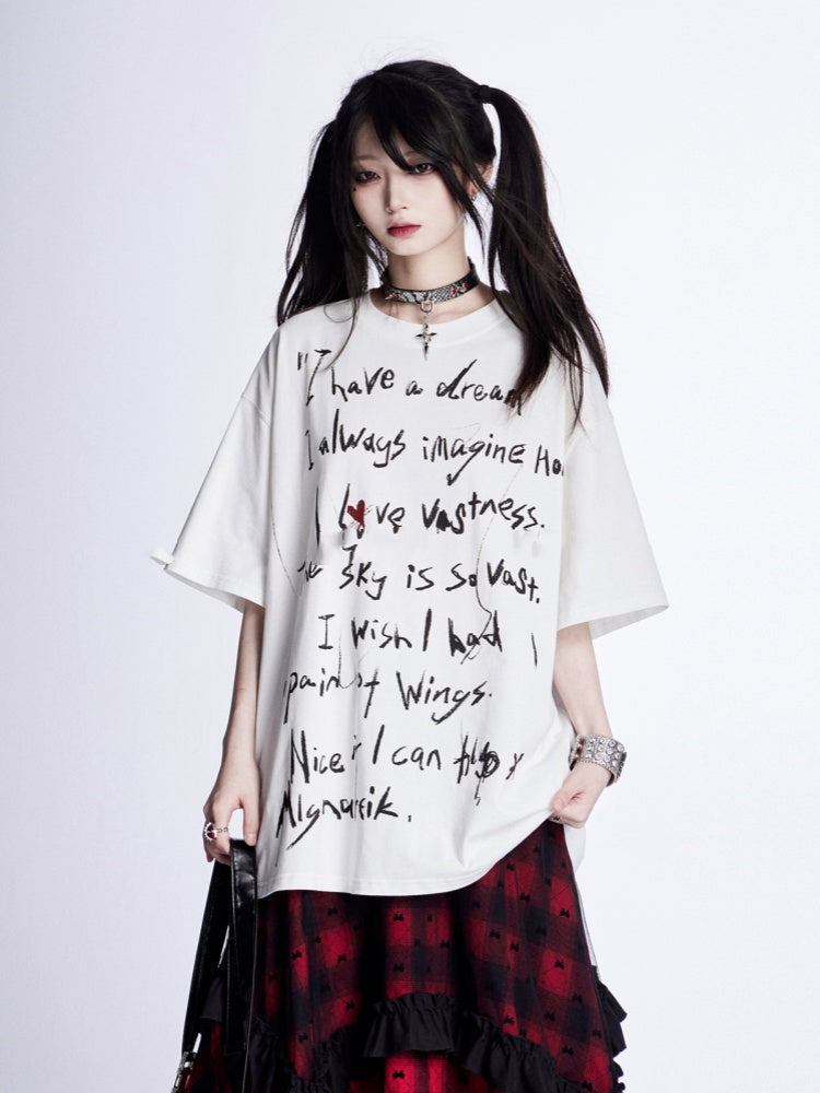 White Graffiti Letter Print Loose T-Shirt