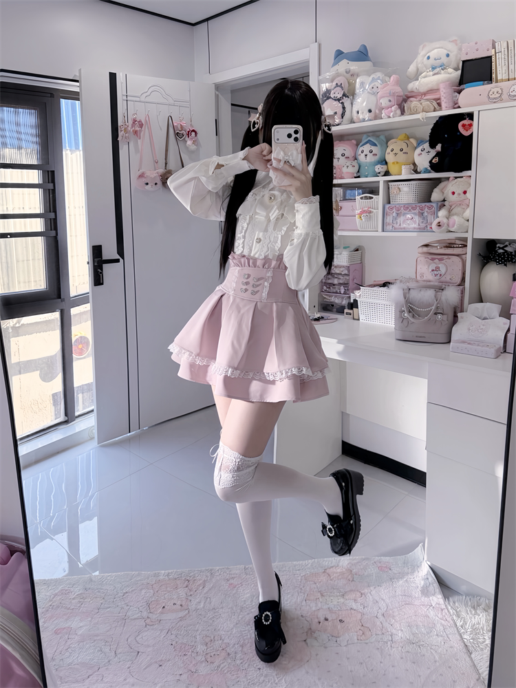 Pink Rhinestone-Embellished Lace Skirt High-Waist Ryousangata Trim