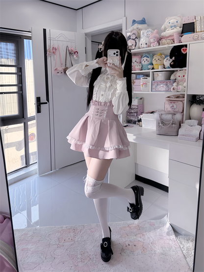 Pink Rhinestone-Embellished Lace Skirt High-Waist Ryousangata Trim