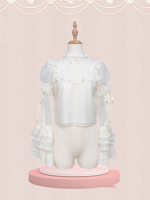Tulle White with Sleeves Creamy Detachable Blouse Dotted Puff