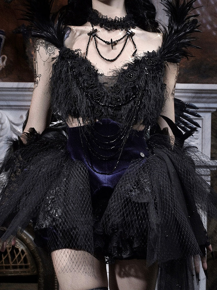 Feather-Adorned Black Dress Beaded Straps Ballet Purple and Goth Detachable Tulle Train with