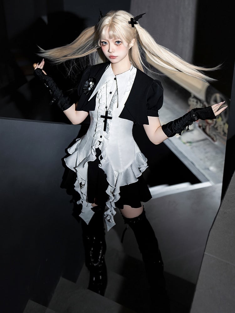 Kurzes und Gothic-Shirt, ärmellos, weiß, Lolita-Set, schwarz, voll – Top, Rock +