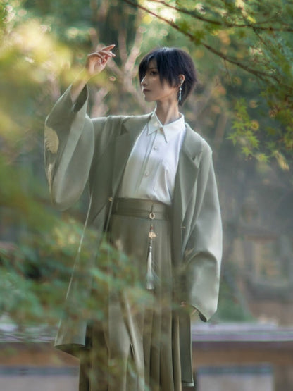 Han-inspired with Green Unisex Coat Pleating Details