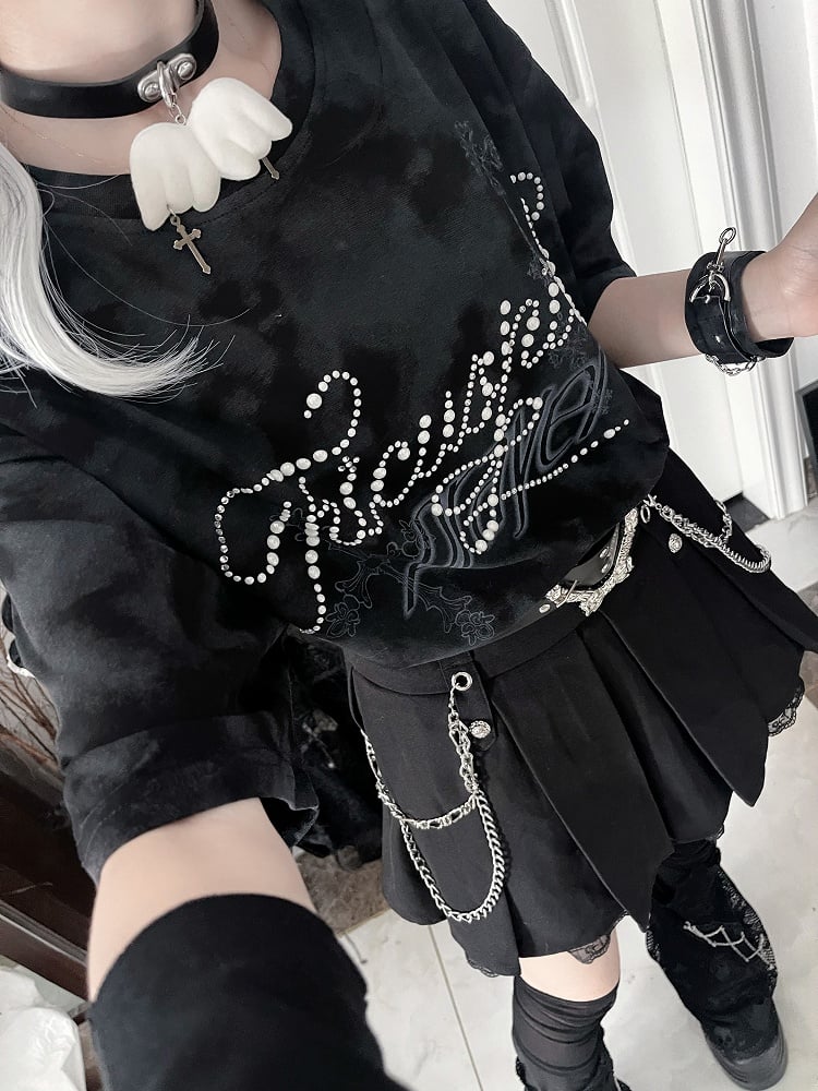 Tie-Dye Short Beaded Lettering Punk Black Cross Sleeve Print T-shirt with