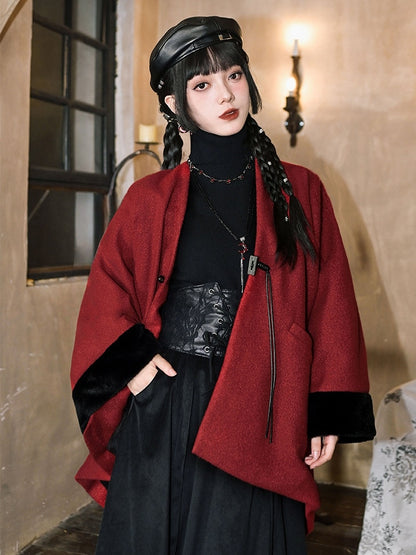 Embellished - Year Red Coat Cuffs Placket Button Plush Sleeve New Tassel Cape
