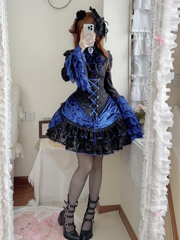Lolita Skirt Waist Sleeves and Boned Blue Tie Jabot Gothic Long + Black Full - Shirt Hat Mini Klein Set Bell High