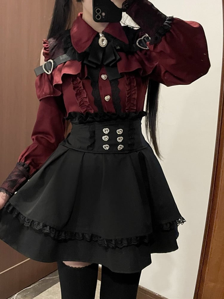 Jirai Button Blouse: Red Sweetheart Closure Wine Kei