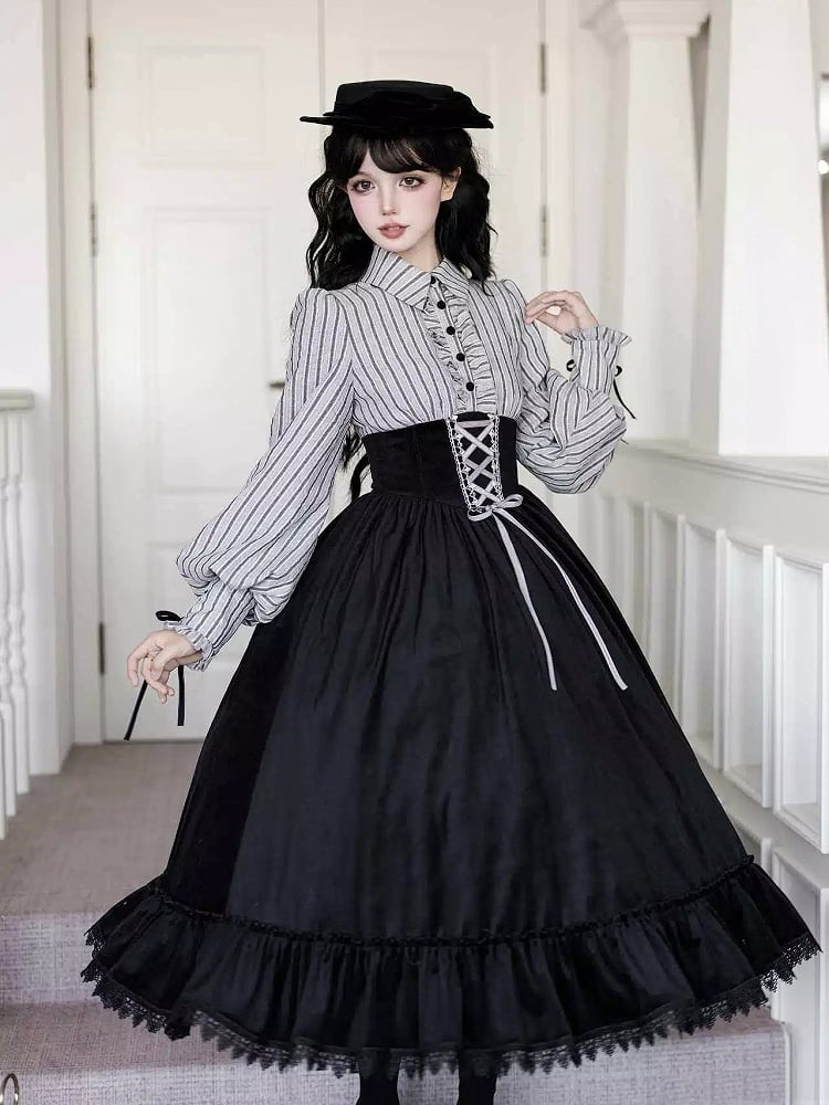 Waist Dress and Fake Striped Blouse Boned Pieces Black Design Skirt Lolita Two