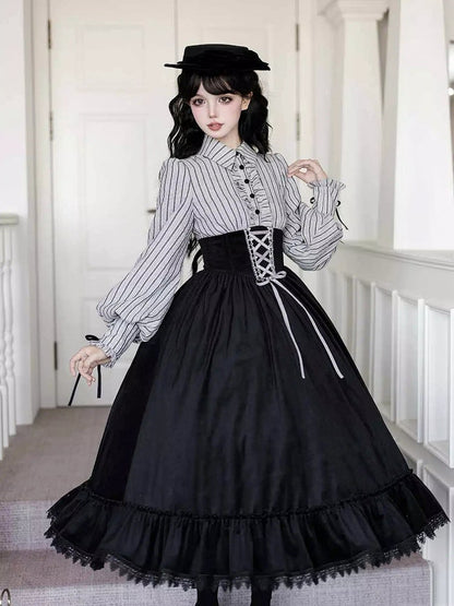 Waist Dress and Fake Striped Blouse Boned Pieces Black Design Skirt Lolita Two
