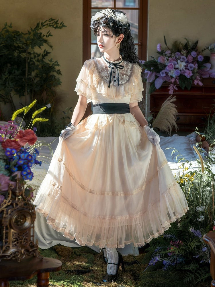 Beige Illusion Neck Classic Lolita Gown - Button Bear