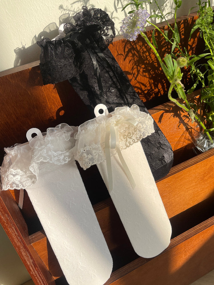 Lolita Decoration Pattern Socks Mesh Ruffle with Bow White/Black/Apricot