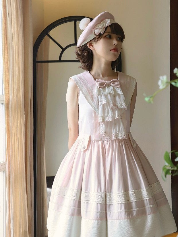 Trims Lolita Accent Beige Pink with Lace Dress and Collar Sailor Bow