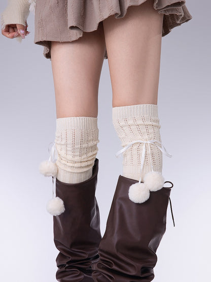 Pom-Pom Design Vertical Pattern Knee Colors with Loose Knitted Over Decoration 3 Stockings Striped