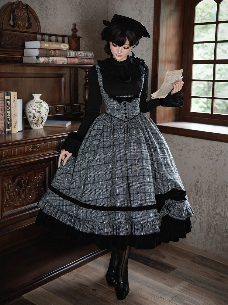 Black Dress Gray Waist Plaid Lolita Ruffle Elegant Boned Under and with Hem Bust