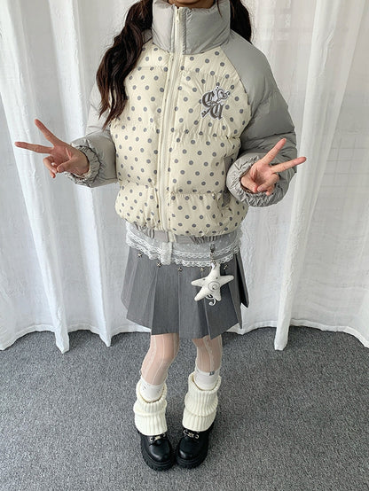 Beige Colorblock Cuffs with Embroidered Elastic Dot Letters Design Jacket Polka