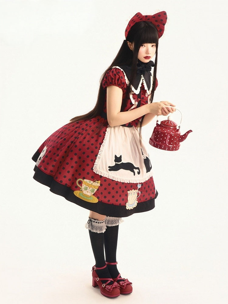 Polka Dot Red & Black Lolita Gown with Apron and Cat Motif - Rock Candy Box