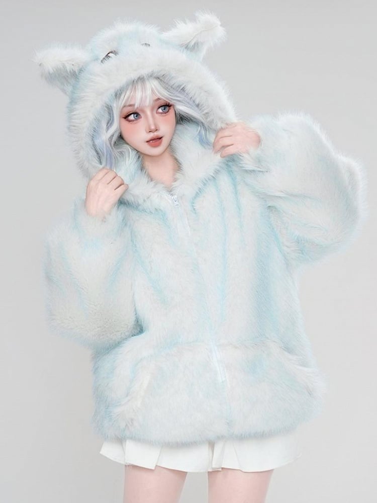 Blaue Winterjacke mit Kapuze und Reißverschluss im Design „Süßes Schneemonster“ aus Kunstpelz