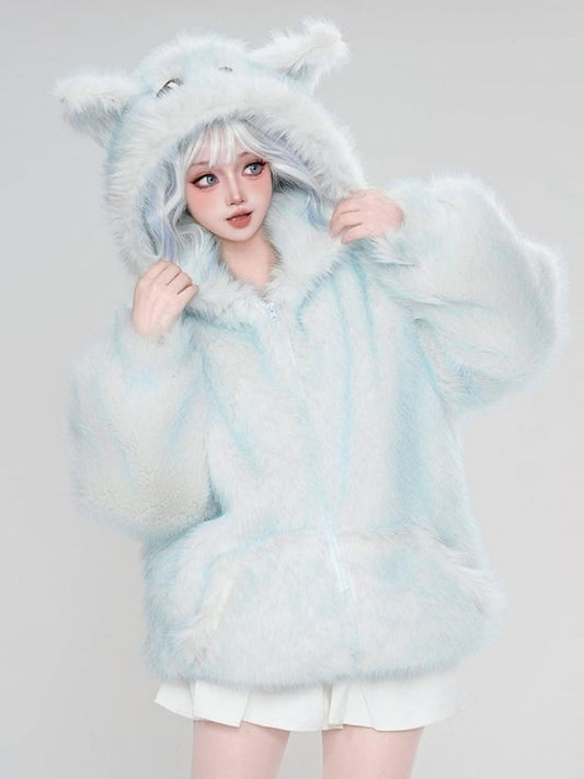 Blaue Winterjacke mit Kapuze und Reißverschluss im Design „Süßes Schneemonster“ aus Kunstpelz