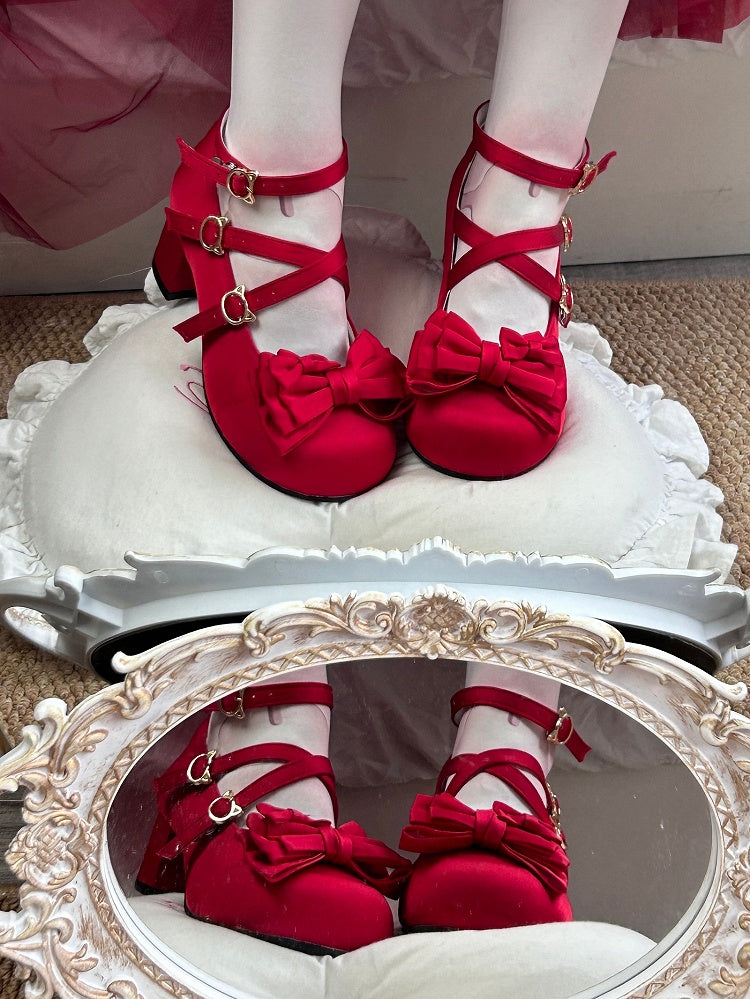 Round Toe Red Classic Lolita Ballet Mid Heels with Bow at Top & Crisscross Straps