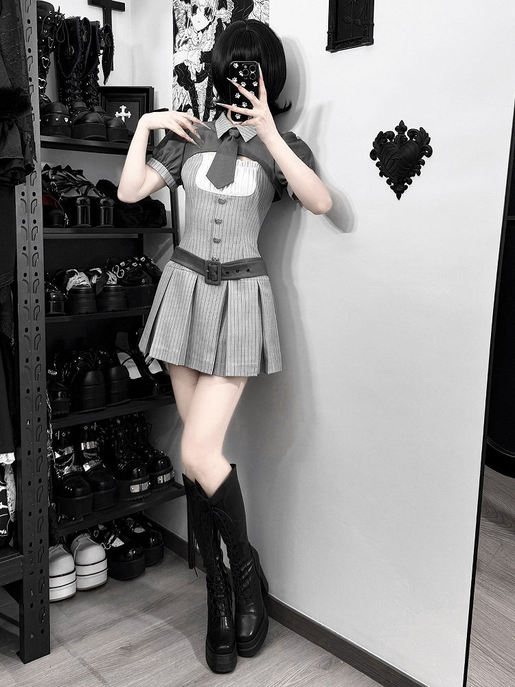 Gray Striped Jirai Kei Set: Cropped Top, Camisole Dress, Belt, Tie - Ekomi