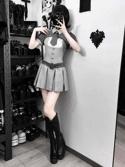 Gray Striped Jirai Kei Set: Cropped Top, Camisole Dress, Belt, Tie - Ekomi