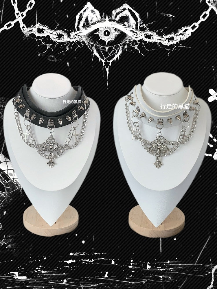 Black/White/Gray Choker Studs Charm Details Cross