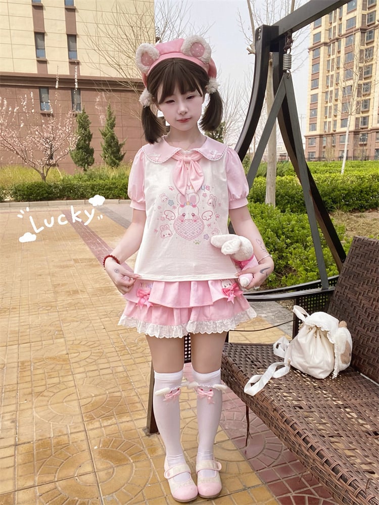 ネクタイTシャツ耳ハートバニーピンクホワイトピーターパンカラーバニー