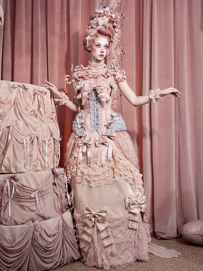 Strawberry Mousse Rococo Corset Top with Detachable Chest Bow and Shoulder Straps - Blood Supply