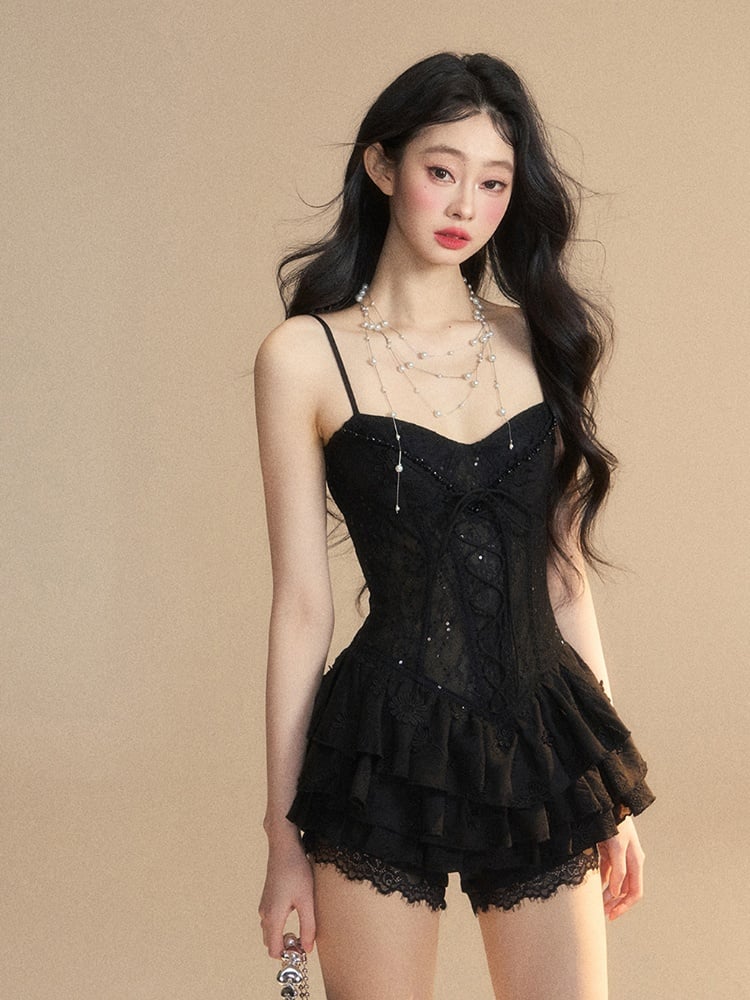 Puffy Tiered Dress with Lace-up Detail at Front Skirt Black Cami Mini