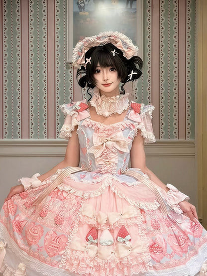 Printed Sweet Lolita Bonnet with Bows and Lace Trim - Ball Lolita