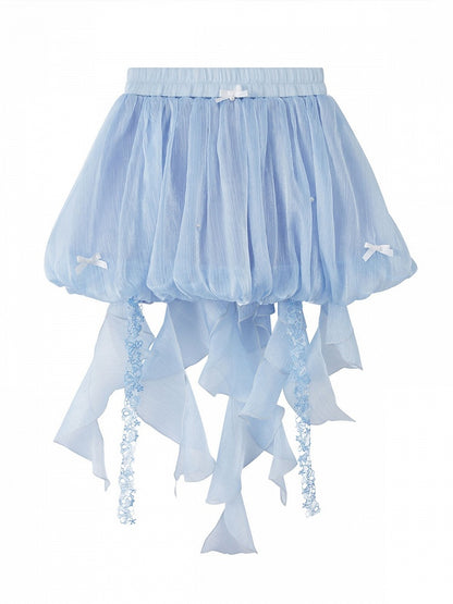 Cute Blue Summer Bottoms with Ruffle Hem - Zao Jing Ji