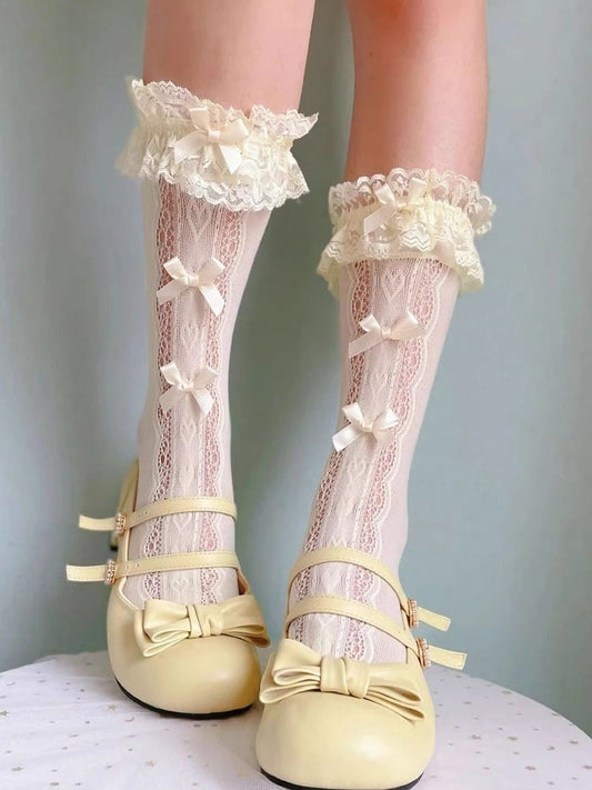 Calf Sweet Lace Socks Bow Lolita Detail Yellow (Colors: