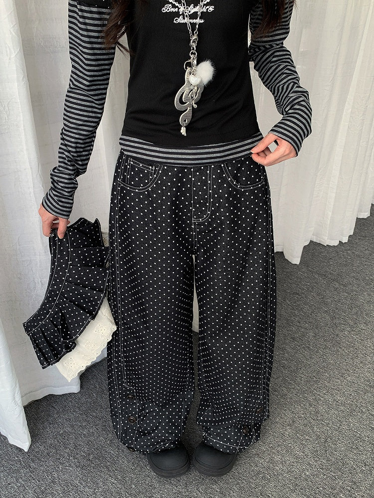Button Dot Lace-trimmed Polka with Accessory Detachable Accents Black Wide-leg Jeans