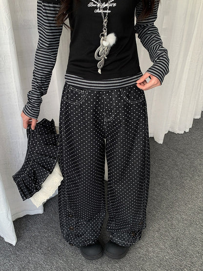Button Dot Lace-trimmed Polka with Accessory Detachable Accents Black Wide-leg Jeans