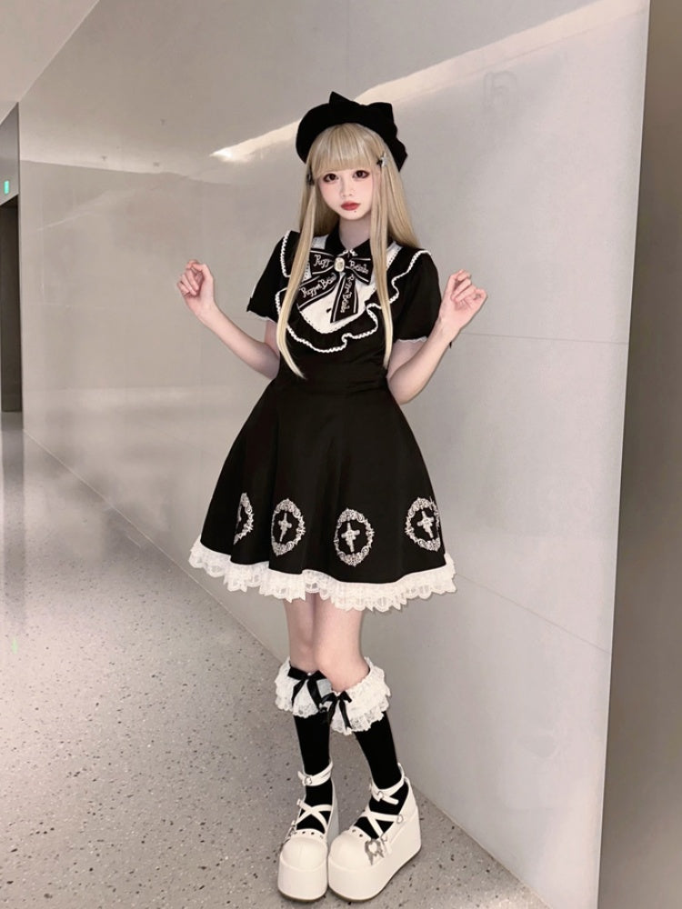 ブラック ジライケイ フリル レーストリム クロスドレス ビッグリボントレーン付き