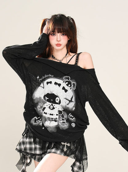 Rebellious Witch Schwarz/Weiß/Grau Ausschnitt Sonne Off-the-Shoulder Schutz Grafik Top