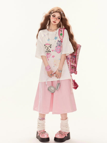 スカート Aライン ピンク ドローストリングウエスト かわいい子犬の刺繍