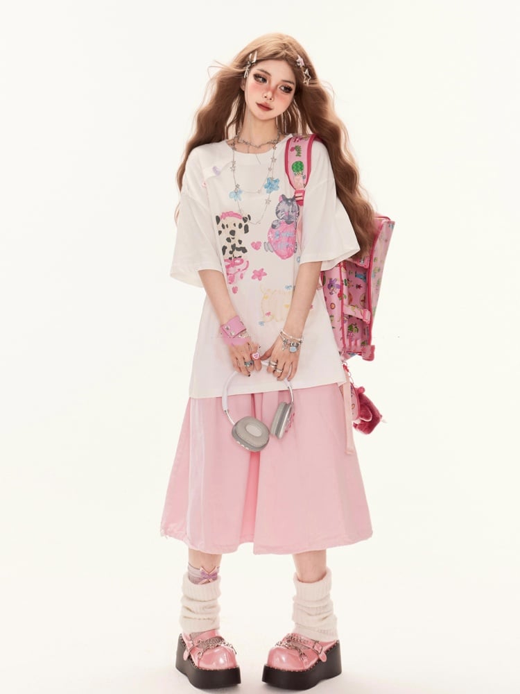 T-Shirt Adorable Animal Print Summer White Round Neck Loose