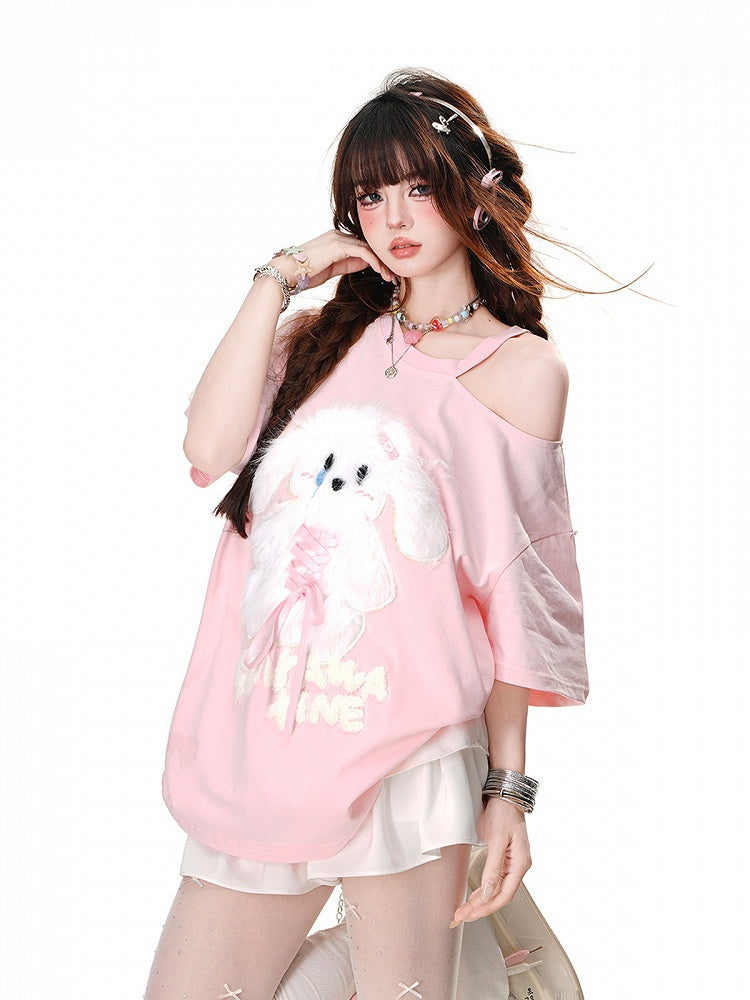 Plush Bunny Applique Criss-cross Design Cutout Shoulder Pink/Blue/Black Loose T-Shirt