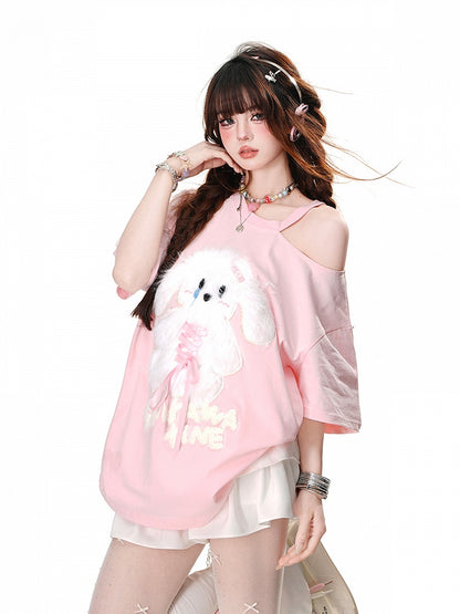 Plush Bunny Applique Criss-cross Design Cutout Shoulder Pink/Blue/Black Loose T-Shirt