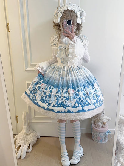 Süßes Lolita-Kleid mit Teddy- und Schneeflocken-Muster und Winterfleece-Saum