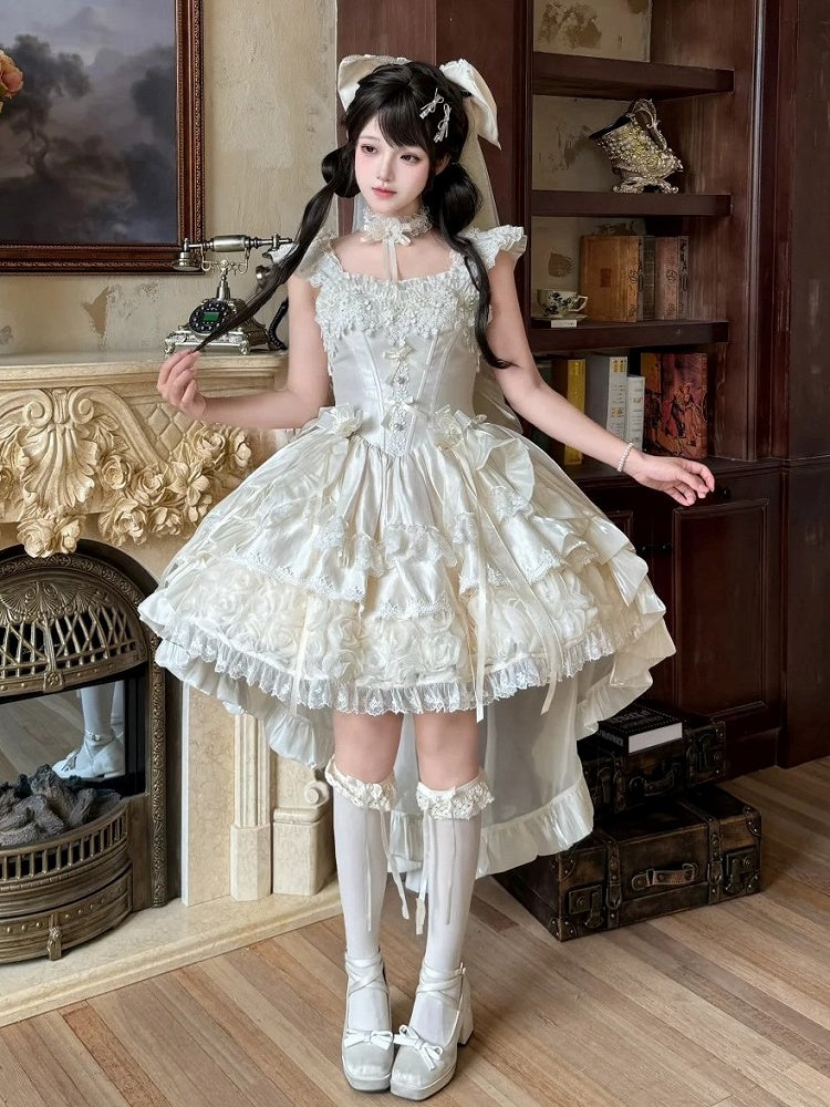 Blooming Hime Layered Lace Dress Lolita Accents Flower with Fluffy Champagne Waist Basque