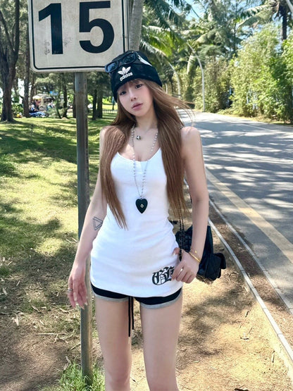 Length Racerback with Top Gothic Tank Print Script White Midi