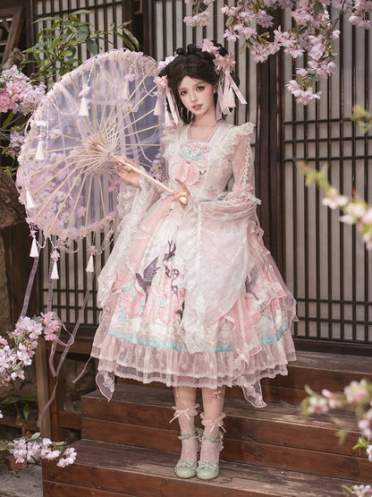 Pink Chinoiserie Lolita High Waist JSK Dress with Swallow and Peach Blossom Print - Dream Magic Box