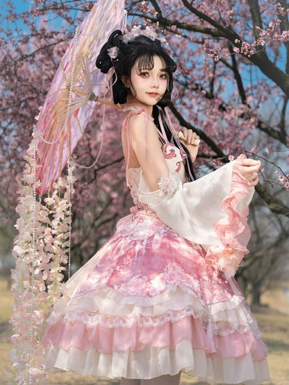 Cheongsam Print Jumper Full Style Rock Lolita Sakura Set Kleid Qi Pink