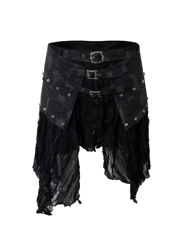 mit Saum PU Asymmetrischer Flair Rock Schwarz Nieten Punk Edgy Spitze Patchwork