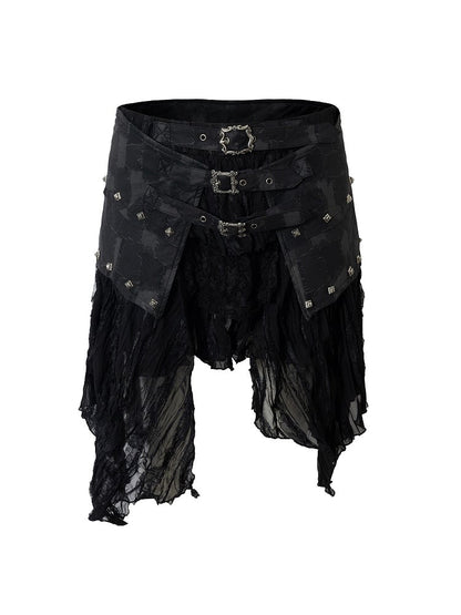mit Saum PU Asymmetrischer Flair Rock Schwarz Nieten Punk Edgy Spitze Patchwork