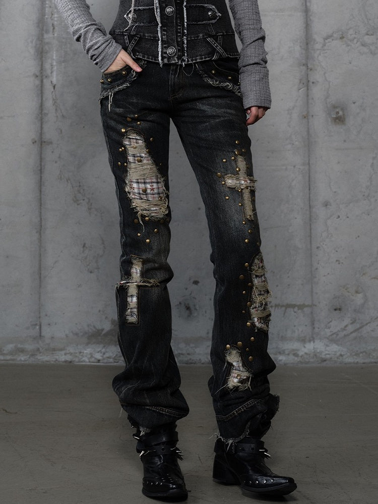 Karierte Distressed Patches Jeans Saum Punk mit ausgefranstem Black Wash Cross